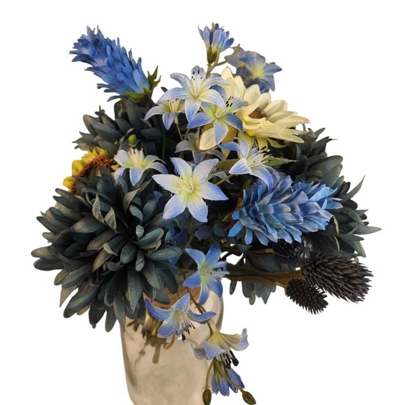 Artificial Blue Mums & White Sunflowers 16 Stem Faux Floral Bundle Arrangement B - Picture 13 of 16